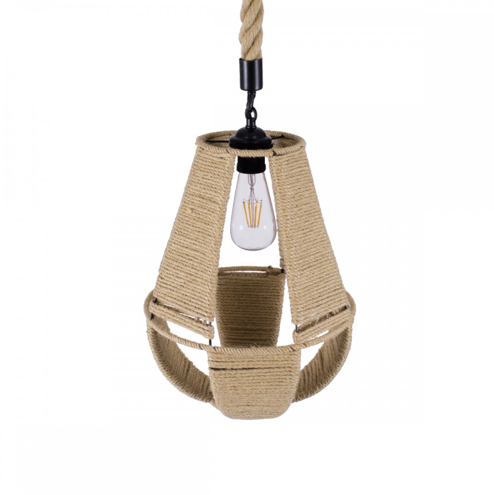 GloboStar® POLIA 01608 Vintage Κρεμαστό Φωτιστικό Οροφής Μονόφωτο 1 x E27 Πλέγμα με Μπεζ Σχοινί Φ30 x Υ42cm