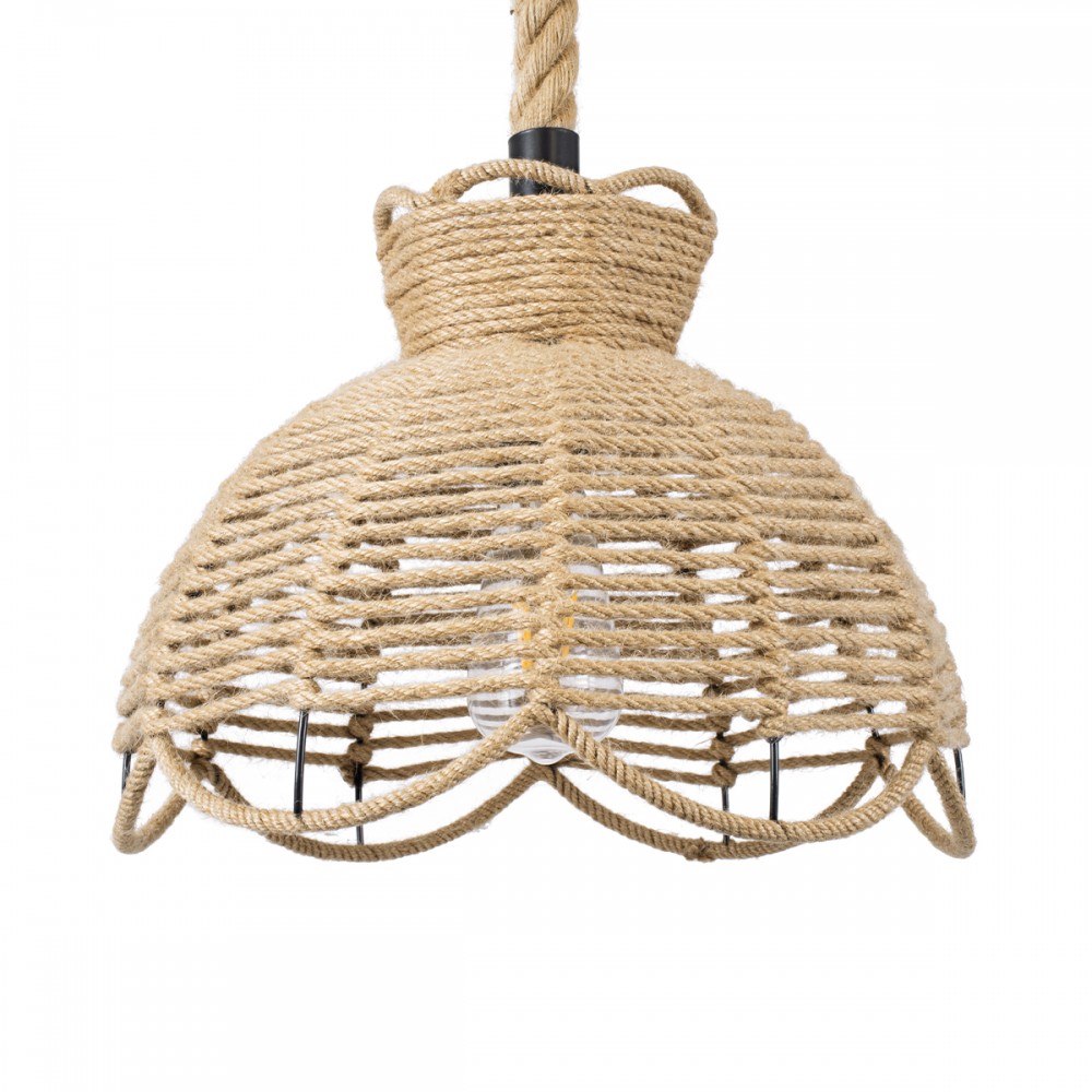 GloboStar® VENIER 01610 Boho Κρεμαστό Φωτιστικό Πλέγμα Μονόφωτο 1 x E27 IP20 Μπεζ Σχοινί - Μ35 x Π35 x Y26cm