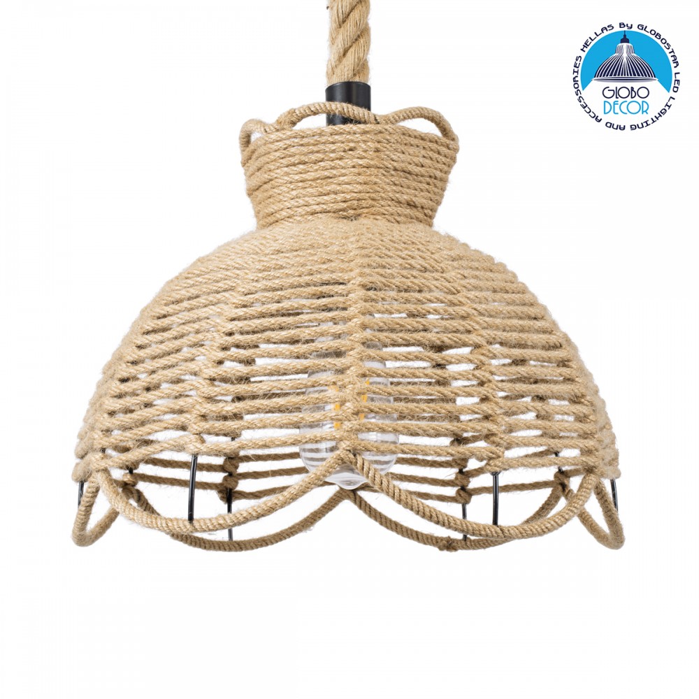 GloboStar® VENIER 01610 Boho Κρεμαστό Φωτιστικό Πλέγμα Μονόφωτο 1 x E27 IP20 Μπεζ Σχοινί - Μ35 x Π35 x Y26cm