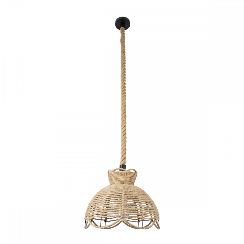 GloboStar® VENIER 01610 Vintage Κρεμαστό Φωτιστικό Οροφής Μονόφωτο 1 x E27 Πλέγμα με Μπεζ Σχοινί Φ35 x Υ26cm