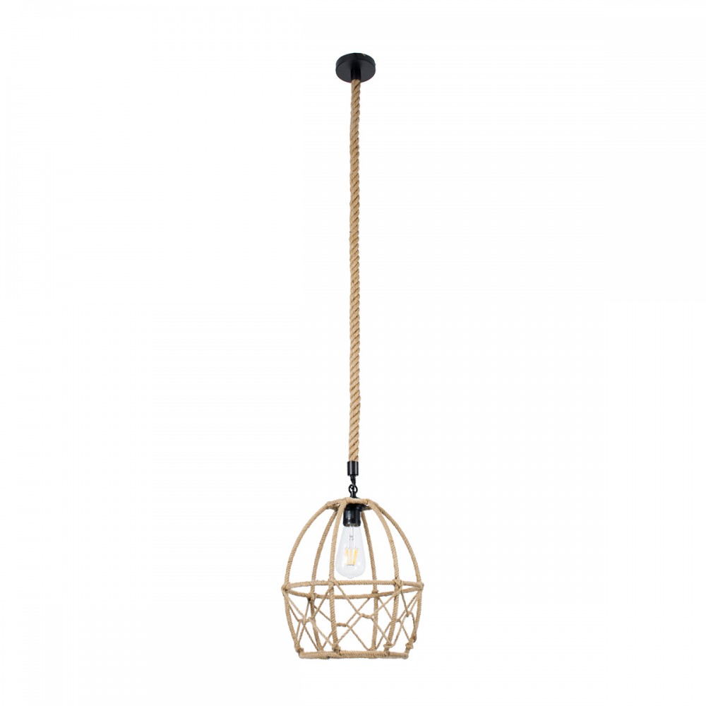 GloboStar® TELAN 01615 Vintage Κρεμαστό Φωτιστικό Οροφής Μονόφωτο 1 x E27 Πλέγμα με Μπεζ Σχοινί Φ30 x Υ38cm