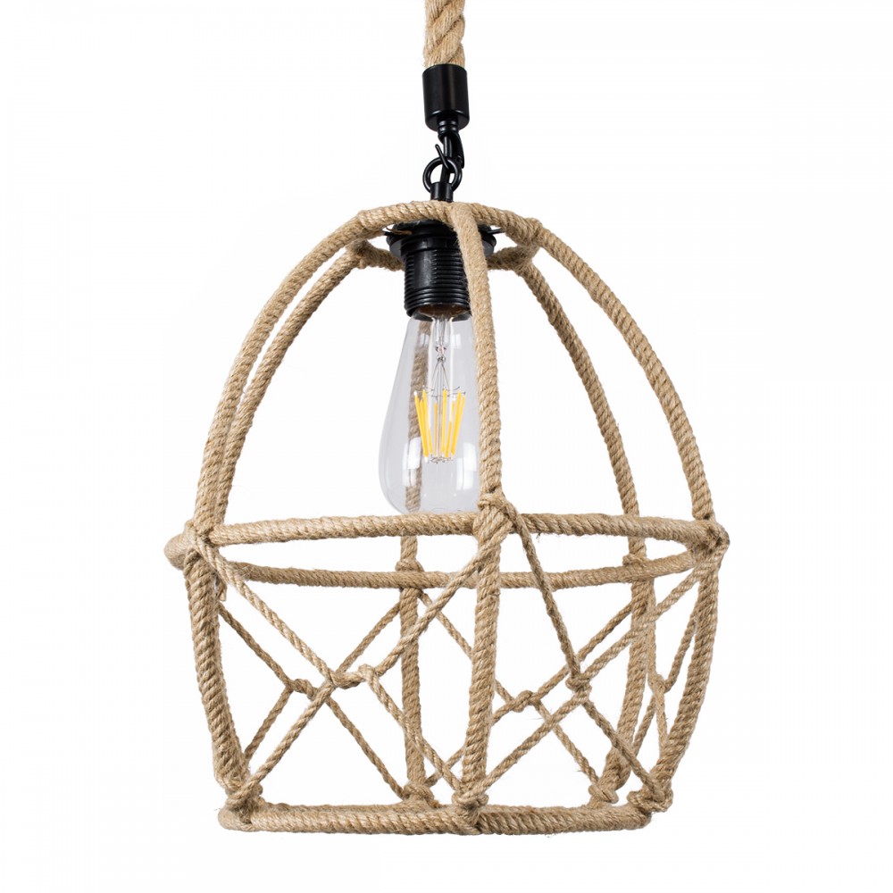 GloboStar® TELAN 01615 Vintage Κρεμαστό Φωτιστικό Οροφής Μονόφωτο 1 x E27 Πλέγμα με Μπεζ Σχοινί Φ30 x Υ38cm