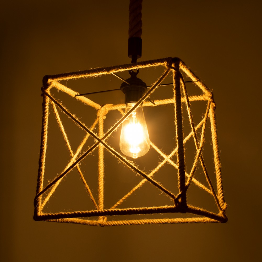 GloboStar® POLISHED 01616 Vintage Κρεμαστό Φωτιστικό Οροφής Μονόφωτο 1 x E27 Πλέγμα με Μπεζ Σχοινί Μ30 x Π28 x Υ30cm