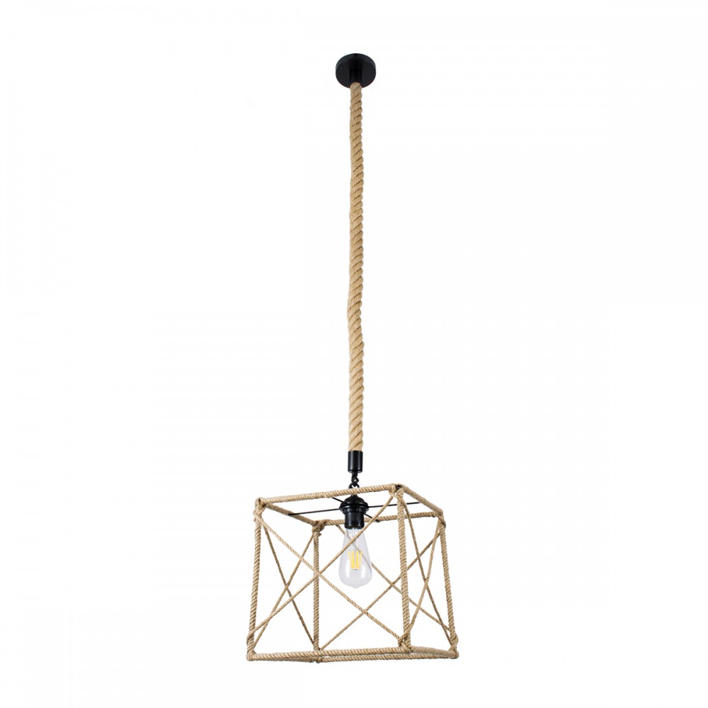 GloboStar® POLISHED 01616 Vintage Κρεμαστό Φωτιστικό Οροφής Μονόφωτο 1 x E27 Πλέγμα με Μπεζ Σχοινί Μ30 x Π28 x Υ30cm