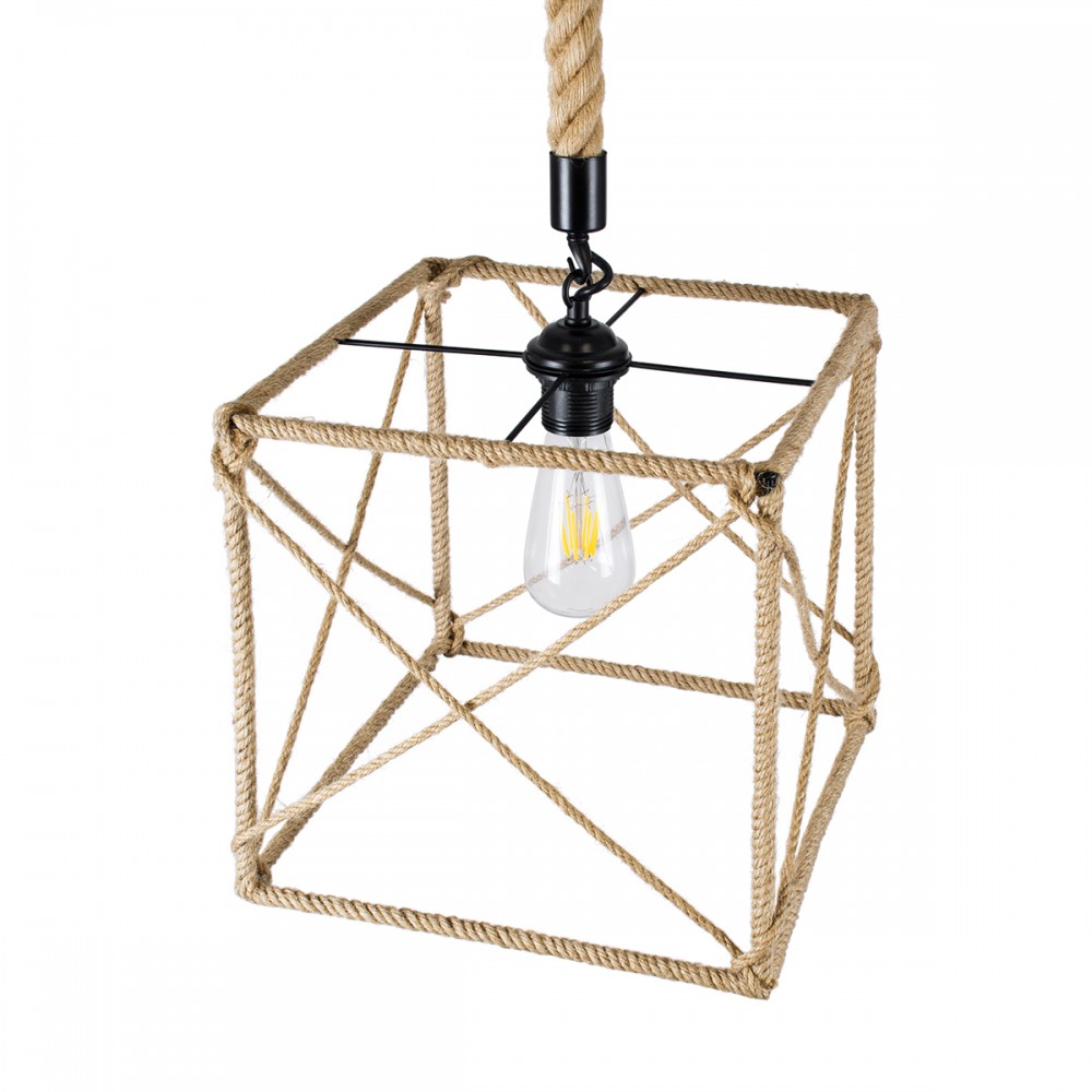 GloboStar® POLISHED 01616 Vintage Κρεμαστό Φωτιστικό Οροφής Μονόφωτο 1 x E27 Πλέγμα με Μπεζ Σχοινί Μ30 x Π28 x Υ30cm