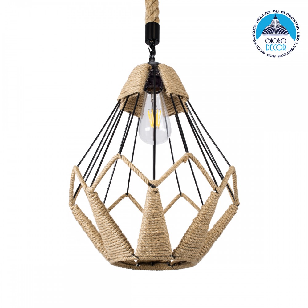 GloboStar® CONICAL 01617 Vintage Κρεμαστό Φωτιστικό Πλέγμα Μονόφωτο 1 x E27 IP20 Μαύρο Μέταλλο με Μπεζ Σχοινί - Μ30 x Π30 x Υ40cm