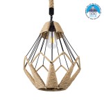 GloboStar® CONICAL 01617 Vintage Κρεμαστό Φωτιστικό Οροφής Μονόφωτο 1 x E27 Πλέγμα με Μπεζ Σχοινί Φ30 x Υ40cm