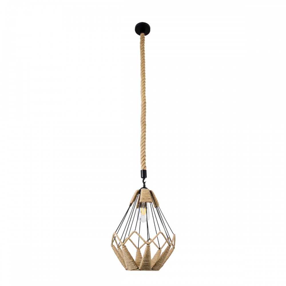 GloboStar® CONICAL 01617 Vintage Κρεμαστό Φωτιστικό Οροφής Μονόφωτο 1 x E27 Πλέγμα με Μπεζ Σχοινί Φ30 x Υ40cm