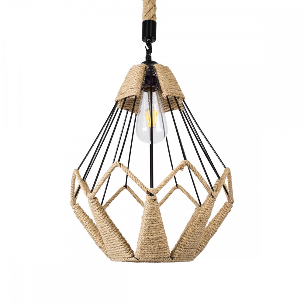 GloboStar® CONICAL 01617 Vintage Κρεμαστό Φωτιστικό Οροφής Μονόφωτο 1 x E27 Πλέγμα με Μπεζ Σχοινί Φ30 x Υ40cm