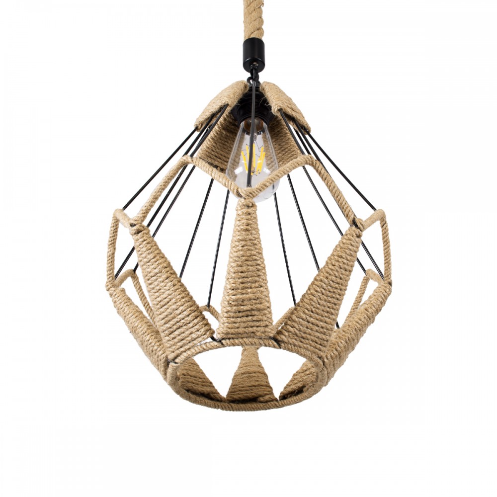 GloboStar® CONICAL 01617 Vintage Κρεμαστό Φωτιστικό Οροφής Μονόφωτο 1 x E27 Πλέγμα με Μπεζ Σχοινί Φ30 x Υ40cm