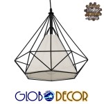 GloboStar® KAIRI 01618 Μοντέρνο Industrial Κρεμαστό Φωτιστικό Οροφής Μονόφωτο 1 x E27 Μαύρο με Άσπρο Ύφασμα Μεταλλικό Πλέγμα Φ38 x Υ39cm