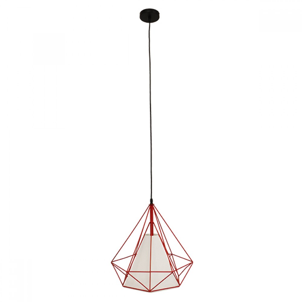 GloboStar® KAIRI 01620 Μοντέρνο Κρεμαστό Φωτιστικό Πλέγμα Μονόφωτο 1 x E27 IP20 Κόκκινο Μέταλλο με Λευκό Ύφασμα - Μ38 x Π38 x Y38cm