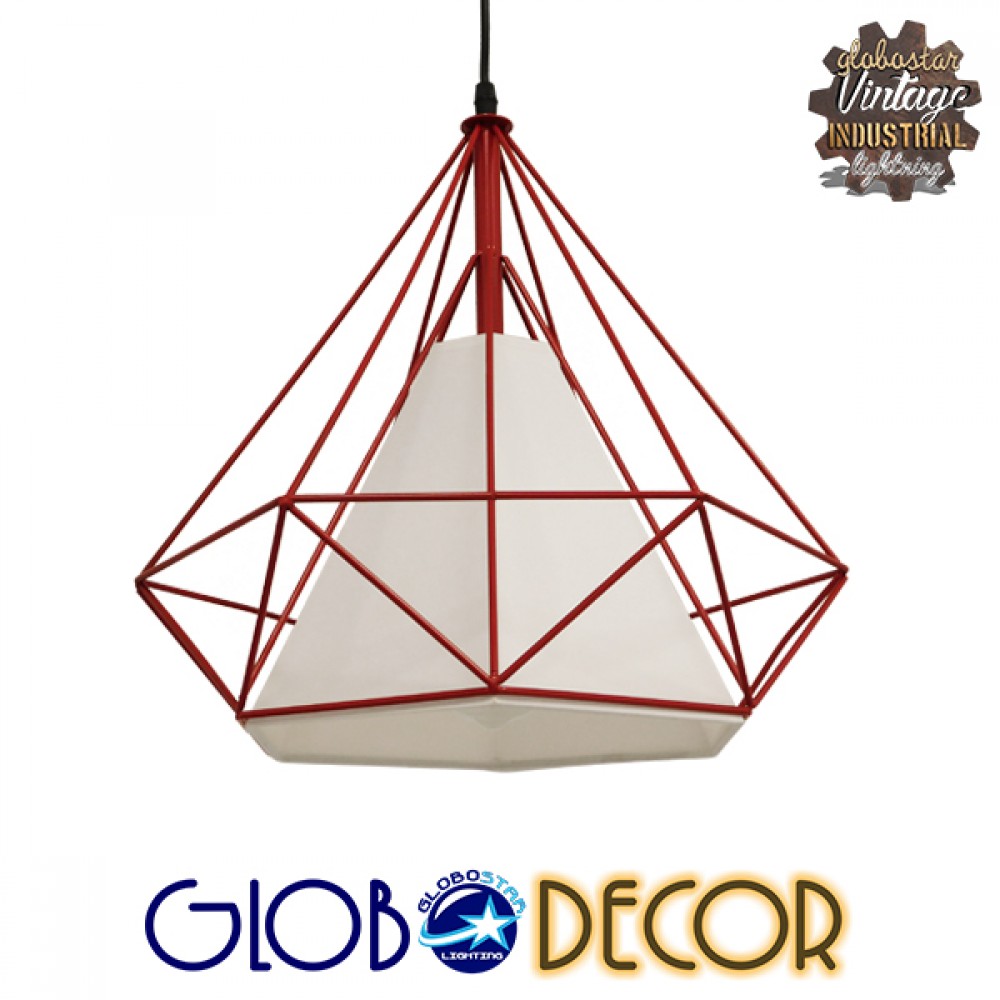 GloboStar® KAIRI 01620 Μοντέρνο Κρεμαστό Φωτιστικό Πλέγμα Μονόφωτο 1 x E27 IP20 Κόκκινο Μέταλλο με Λευκό Ύφασμα - Μ38 x Π38 x Y38cm