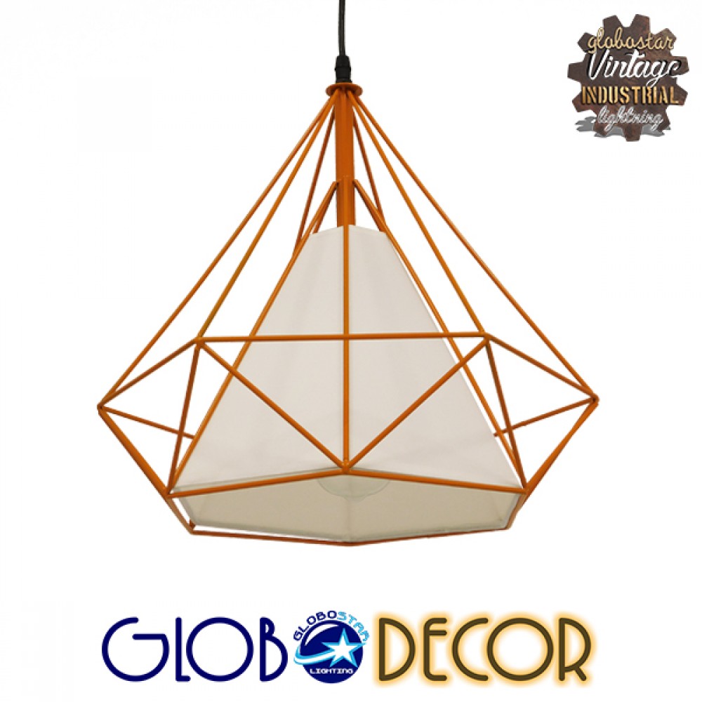 GloboStar® KAIRI 01621 Μοντέρνο Κρεμαστό Φωτιστικό Πλέγμα Μονόφωτο 1 x E27 IP20 Πορτοκαλί Μέταλλο με Λευκό Ύφασμα - Μ38 x Π38 x Y38cm