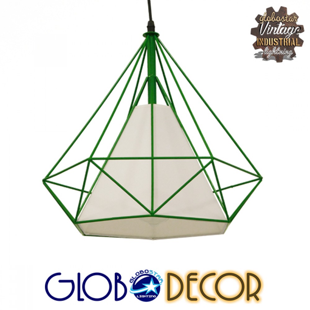GloboStar® KAIRI 01622 Μοντέρνο Κρεμαστό Φωτιστικό Πλέγμα Μονόφωτο 1 x E27 IP20 Πράσινο Μέταλλο με Λευκό Ύφασμα - Μ38 x Π38 x Y38cm