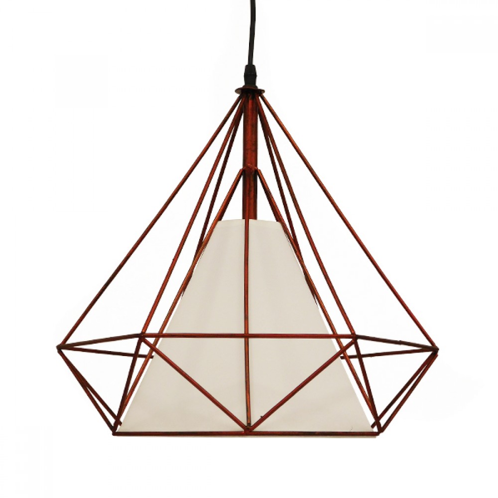 GloboStar® KAIRI 01623 Μοντέρνο Industrial Κρεμαστό Φωτιστικό Οροφής Μονόφωτο 1 x E27 Καφέ Σκουριά με Άσπρο Ύφασμα Μεταλλικό Πλέγμα Φ38 x Υ39cm