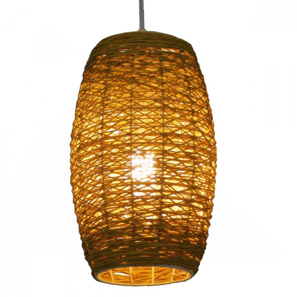 GloboStar® INCASS 01631 Vintage Κρεμαστό Φωτιστικό Ανάρτηση Μονόφωτο 1 x E27 IP20 Μπεζ Rattan - Μ15 x Π15 x Υ25cm