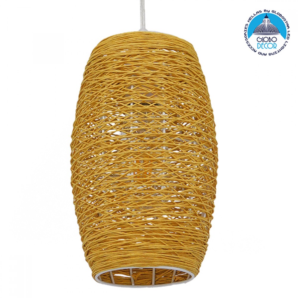 GloboStar® INCASS 01631 Vintage Κρεμαστό Φωτιστικό Ανάρτηση Μονόφωτο 1 x E27 IP20 Μπεζ Rattan - Μ15 x Π15 x Υ25cm