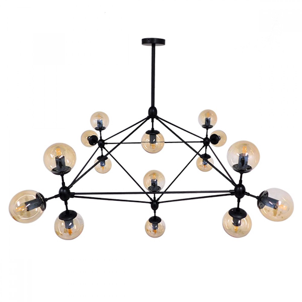 GloboStar® SENTINEL 01637 Μοντέρνο Industrial Κρεμαστό Φωτιστικό Οροφής Πολύφωτο 15 x E27 Μαύρο Μεταλλικό Πολυέλαιος με Μελί Γυαλί Φ150 x Υ115cm