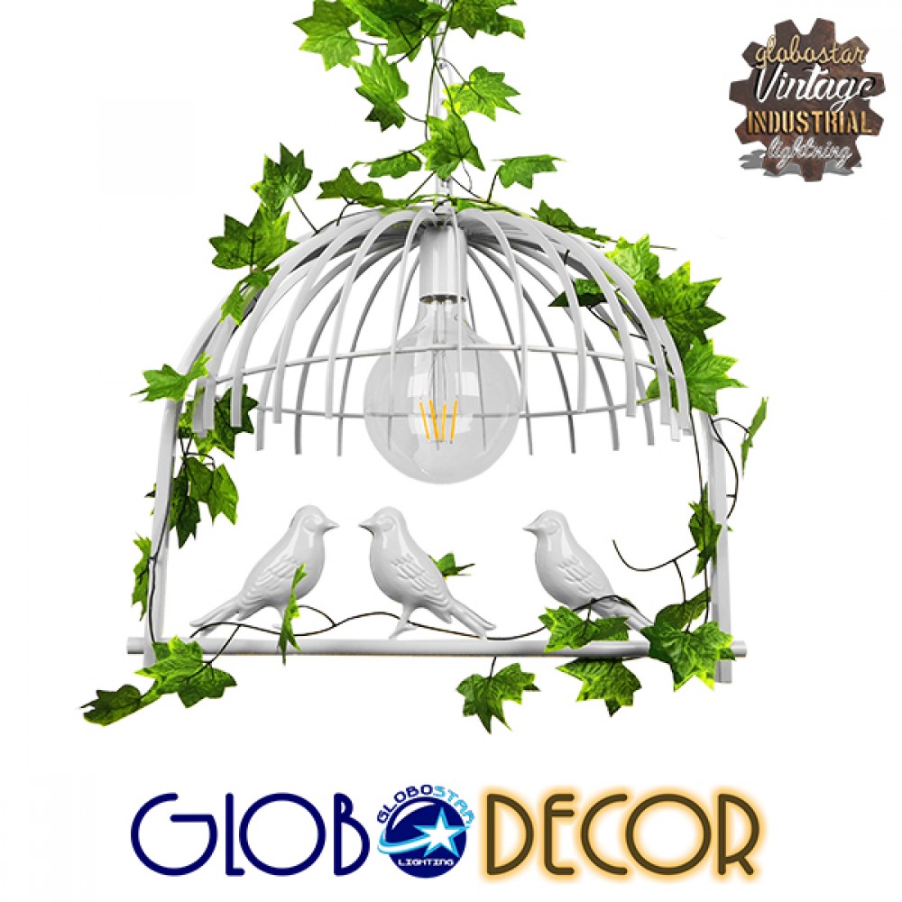 GloboStar® NEST 01641 Vintage Κρεμαστό Φωτιστικό Φιγούρα Μονόφωτο 1 x E27 IP20 Λευκό Μέταλλο με Πράσινο Πλαστικό - Μ48 x Π38 x Y40cm