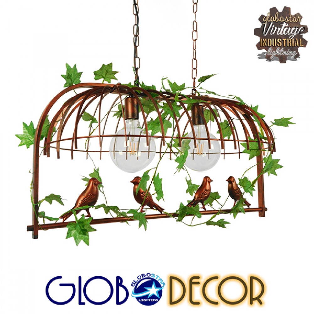 GloboStar® NEST 01645 Vintage Κρεμαστό Φωτιστικό Φιγούρα Δίφωτο 2 x E27 IP20 Χάλκινο Μέταλλο με Πράσινο Πλαστικό - Μ73.6 x Π37.5 x Y38.5cm