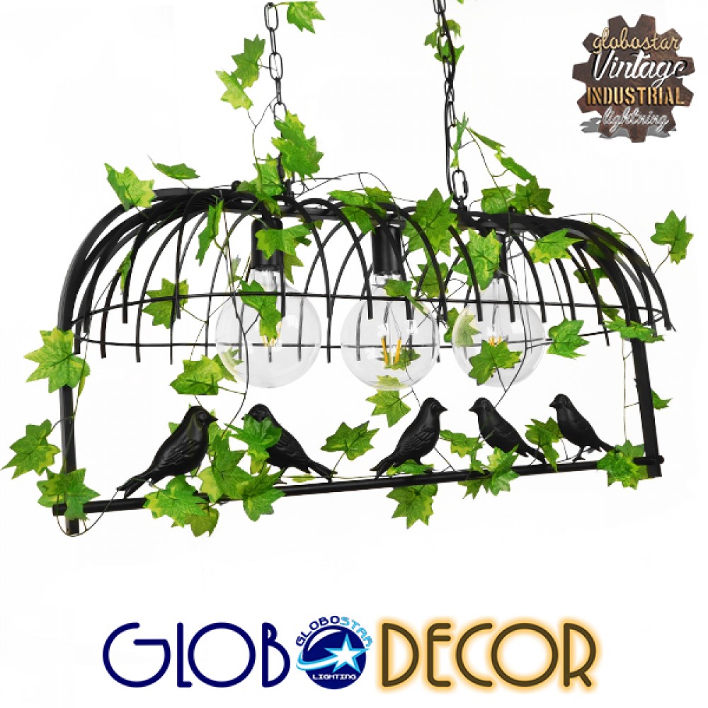 GloboStar® NEST 01646 Vintage Κρεμαστό Φωτιστικό Φιγούρα Τρίφωτο 3 x E27 IP20 Μαύρο Μέταλλο με Πράσινο Πλαστικό - Μ85.5 x Π37.5 x Y38cm