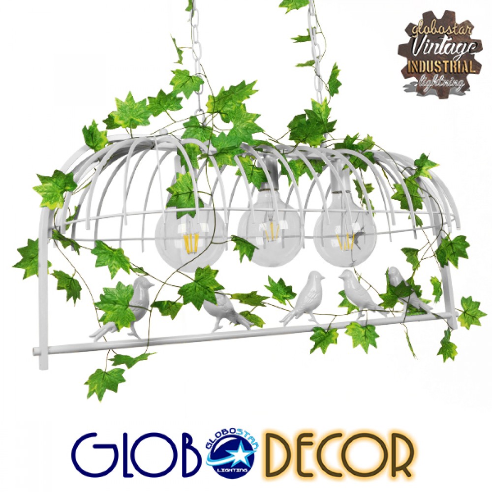 GloboStar® NEST 01647 Vintage Κρεμαστό Φωτιστικό Φιγούρα Τρίφωτο 3 x E27 IP20 Λευκό Μέταλλο με Πράσινο Πλαστικό - Μ85.5 x Π37.5 x Y38cm