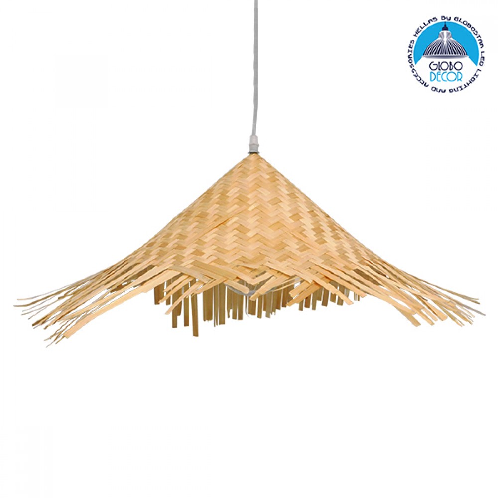 GloboStar® RICEHAT 01666 Boho Κρεμαστό Φωτιστικό Καμπάνα Μονόφωτο 1 x E27 IP20 Μπέζ Ξύλο - Μ70 x Π70 x Y25cm