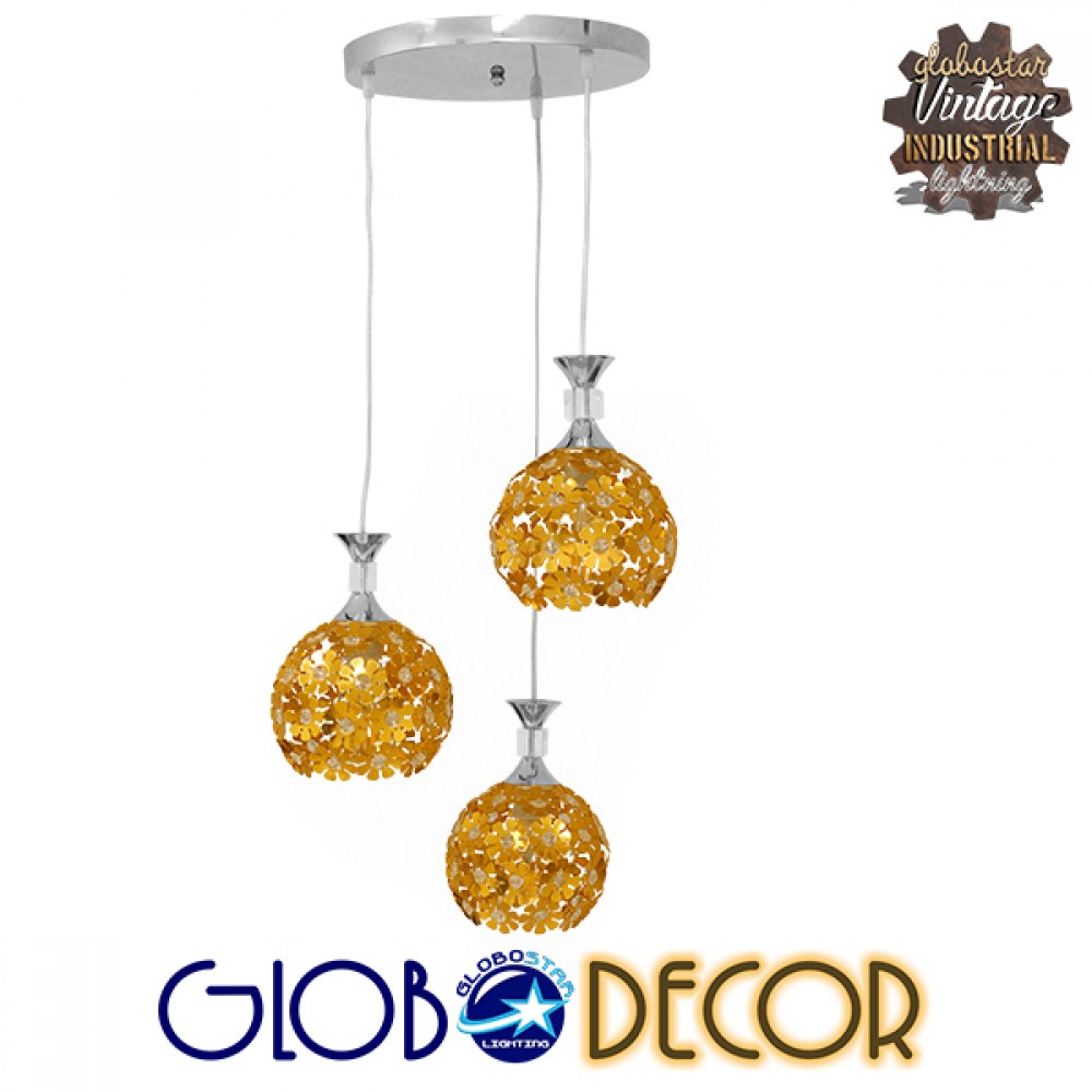 GloboStar® BOUQUET 01670 Μοντέρνο Κρεμαστό Φωτιστικό Μπάλα Τρίφωτο 3 x E27 IP20 Χρυσό Μέταλλο με Διάφανο Κρύσταλλο - Μ46 x Π46 x Y23cm