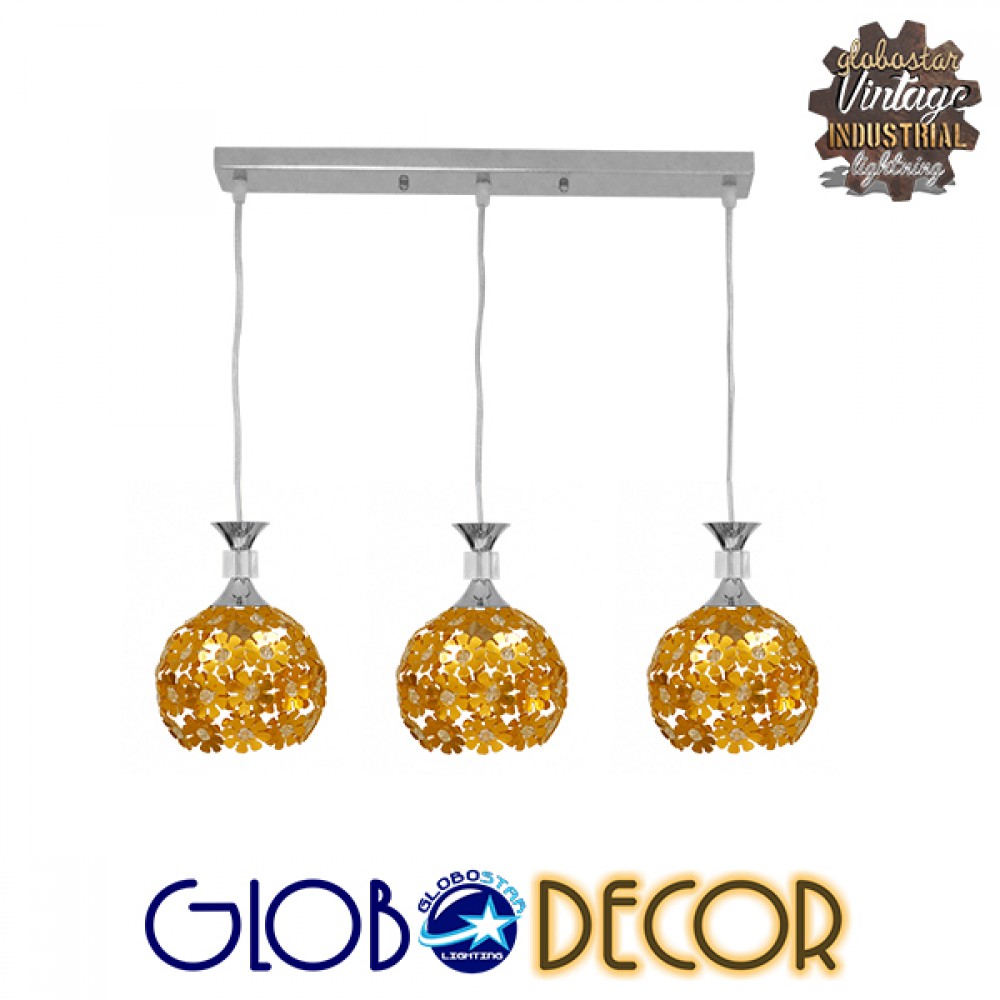 GloboStar® BOUQUET 01671 Μοντέρνο Κρεμαστό Φωτιστικό Μπάλα Τρίφωτο 3 x E27 IP20 Χρυσό Μέταλλο με Διάφανο Κρύσταλλο - Μ64 x Π18 x Υ24cm