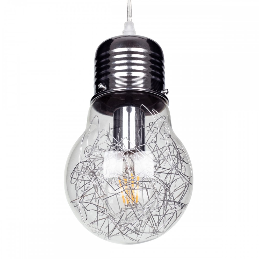 GloboStar® LAMP 01676 Μοντέρνο Κρεμαστό Φωτιστικό Οροφής Μονόφωτο 1 x E27 Ασημί Νίκελ Μεταλλικό Διάφανο Γυαλί Φ15 x Υ27cm
