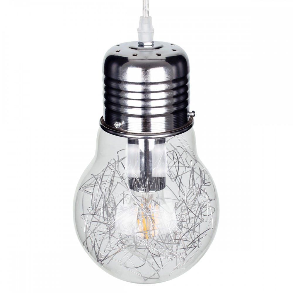 GloboStar® LAMP 01676 Μοντέρνο Κρεμαστό Φωτιστικό Οροφής Μονόφωτο 1 x E27 Ασημί Νίκελ Μεταλλικό Διάφανο Γυαλί Φ15 x Υ27cm