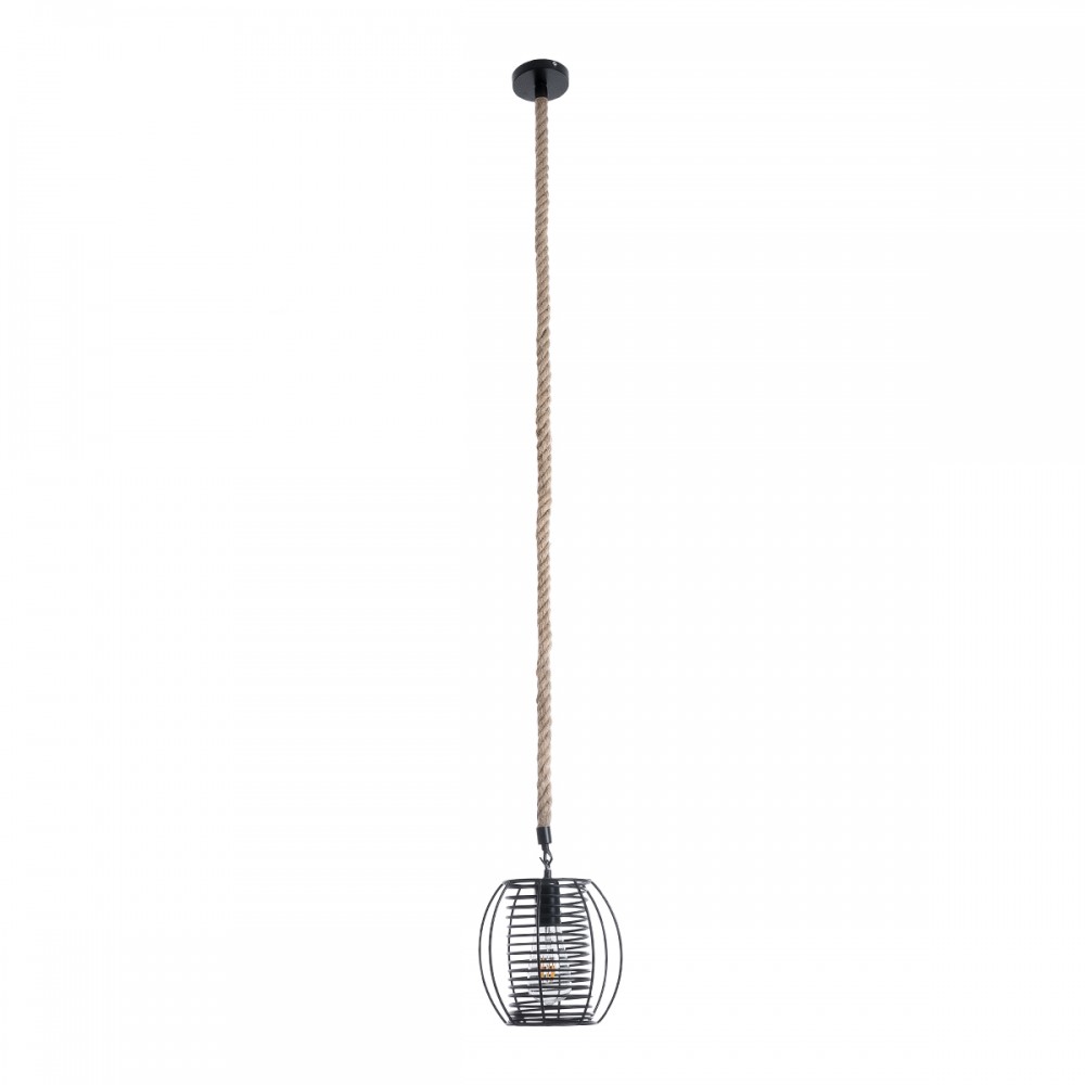 GloboStar® ORVAL 01689 Μοντέρνο Κρεμαστό Φωτιστικό Οροφής Μονόφωτο 1 x E27 AC220-240V IP20 - Φ20 x Υ20cm - Μαύρο Μεταλλικό με Μπεζ Σχοινί Πλέγμα - 5 Χρόνια Εγγύηση