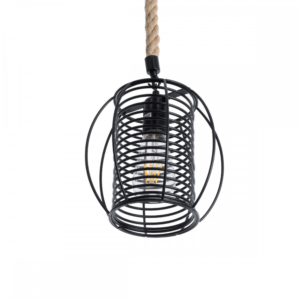 GloboStar® ORVAL 01689 Μοντέρνο Κρεμαστό Φωτιστικό Οροφής Μονόφωτο 1 x E27 AC220-240V IP20 - Φ20 x Υ20cm - Μαύρο Μεταλλικό με Μπεζ Σχοινί Πλέγμα - 5 Χρόνια Εγγύηση