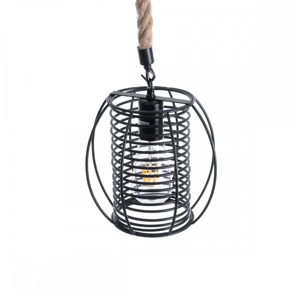 GloboStar® ORVAL 01689 Μοντέρνο Κρεμαστό Φωτιστικό Οροφής Μονόφωτο 1 x E27 AC220-240V IP20 - Φ20 x Υ20cm - Μαύρο Μεταλλικό με Μπεζ Σχοινί Πλέγμα - 5 Χρόνια Εγγύηση