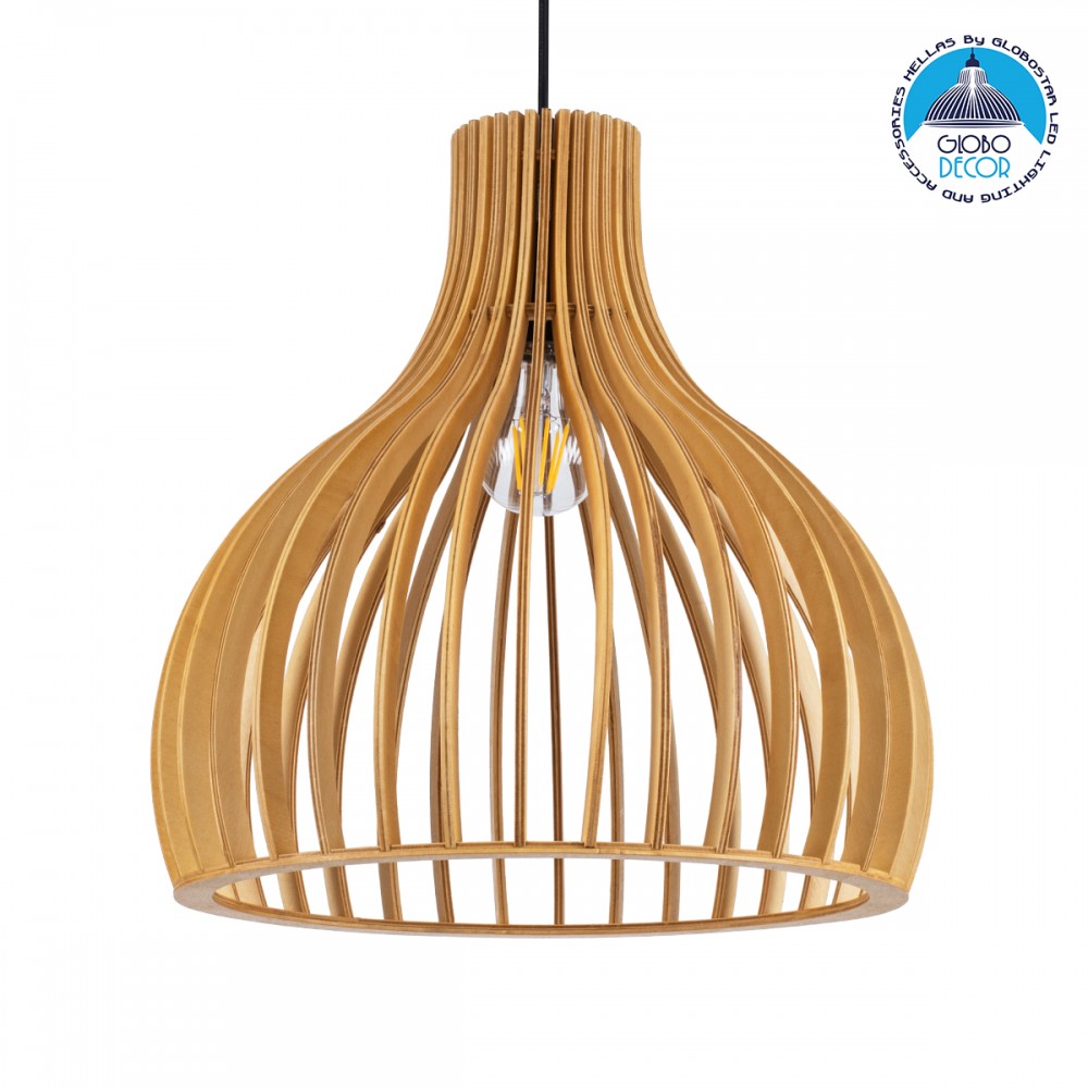 GloboStar® SCANDINAVIA 01697 Μοντέρνο Κρεμαστό Φωτιστικό Πλέγμα Μονόφωτο 1 x E27 IP20 Μπεζ Ξύλο - Μ35 x Π35 x Υ35cm