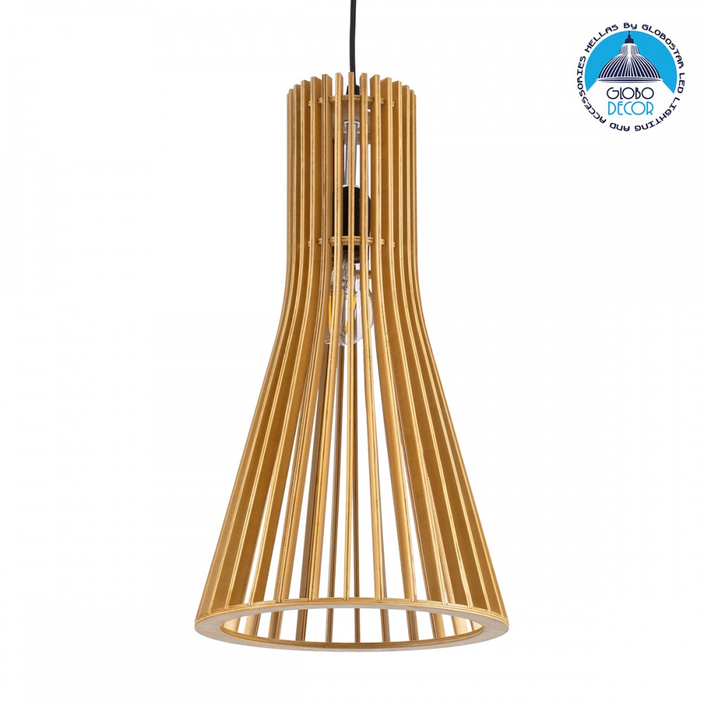 GloboStar® SCANDINAVIA 01700 Boho Κρεμαστό Φωτιστικό Πλέγμα Μονόφωτο 1 x E27 IP20 Μπεζ Ξύλο - Μ25 x Π25 x Y45cm
