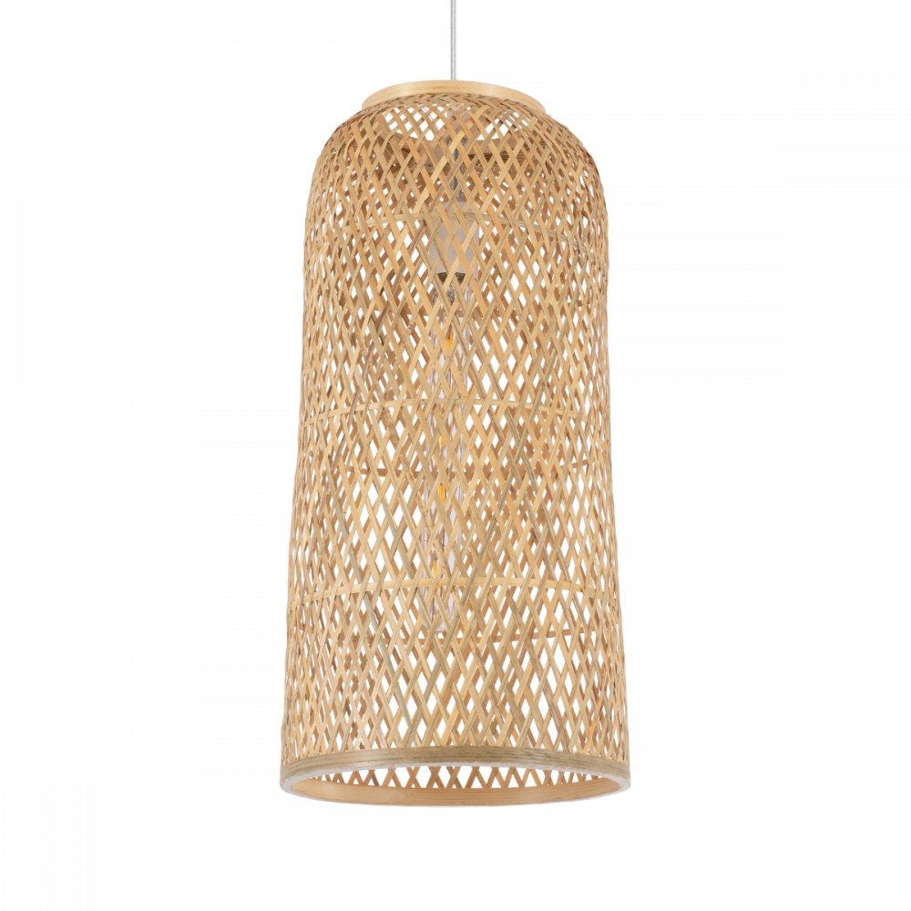GloboStar® CALERO 01710 Boho Κρεμαστό Πλέγμα Μονόφωτο 1 x E27 IP20 Μπεζ Ξύλο - Μ25 x Π25 x Υ50cm