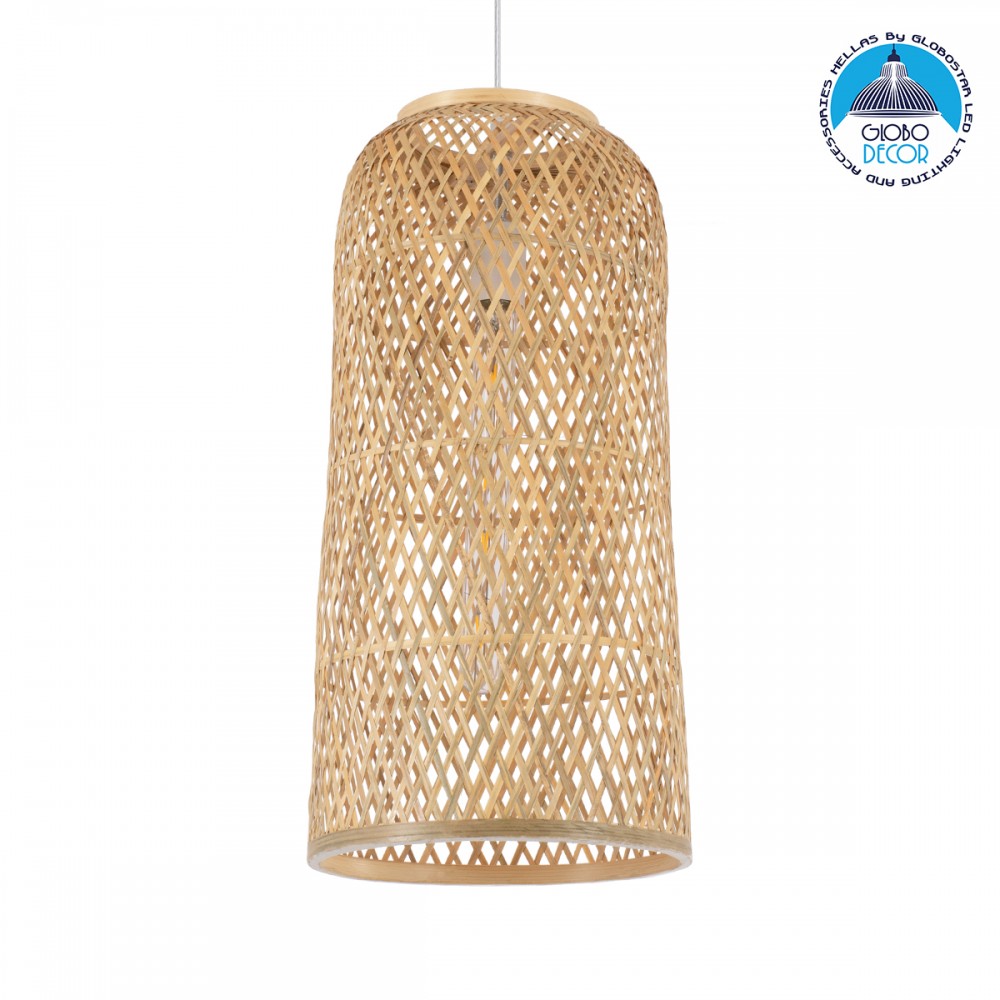 GloboStar® CALERO 01710 Boho Κρεμαστό Πλέγμα Μονόφωτο 1 x E27 IP20 Μπεζ Ξύλο - Μ25 x Π25 x Υ50cm