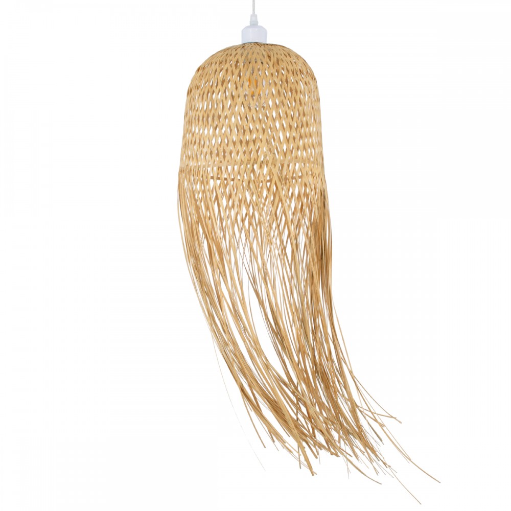 GloboStar® MANILA 01713 Boho Κρεμαστό Φωτιστικό Πλέγμα Μονόφωτο 1 x E27 IP20 Μπεζ Ξύλο - Μ25 x Π25 x Υ60cm