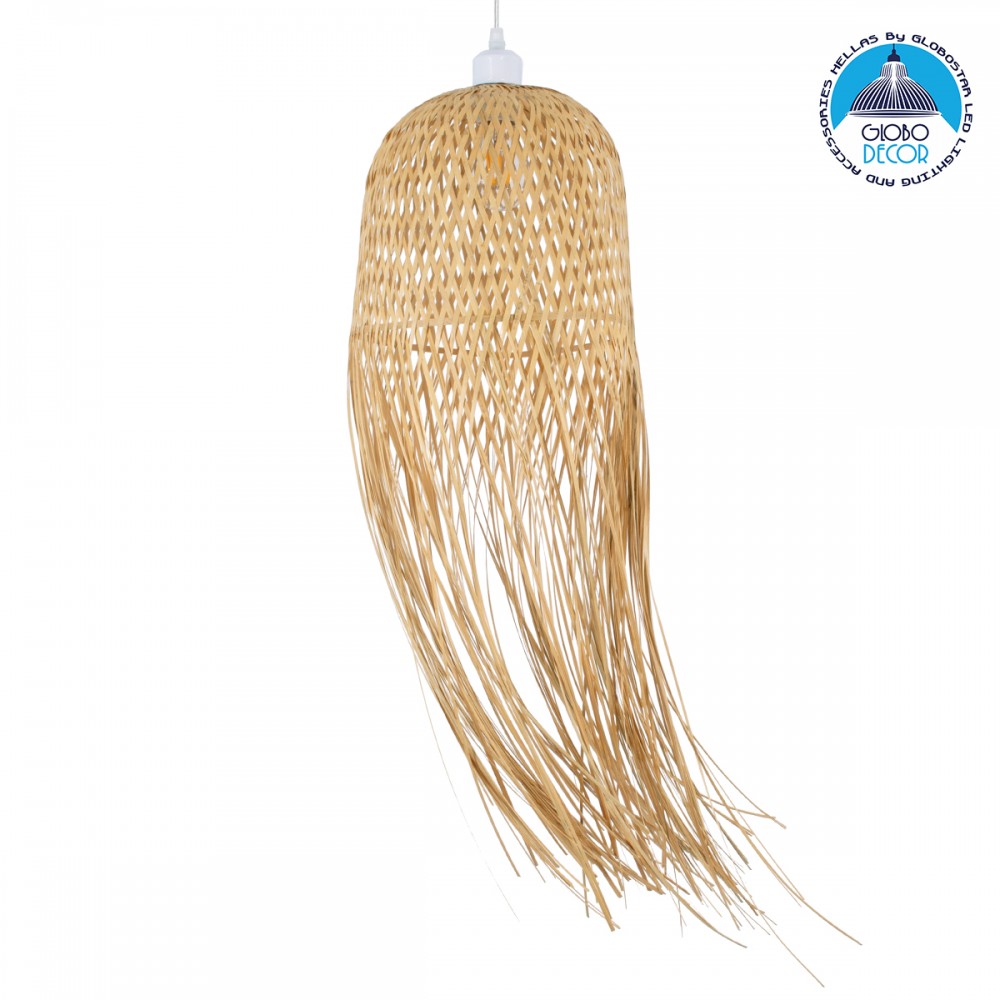 GloboStar® MANILA 01713 Boho Κρεμαστό Φωτιστικό Πλέγμα Μονόφωτο 1 x E27 IP20 Μπεζ Ξύλο - Μ25 x Π25 x Υ60cm