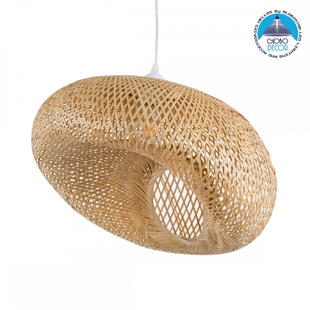 GloboStar® CARIBBEAN 01723 Boho Κρεμαστό Φωτιστικό Ανάρτηση Μονόφωτο 1 x E27 IP20 Μπεζ Ξύλο - Μ45 x Π45 x Υ24cm