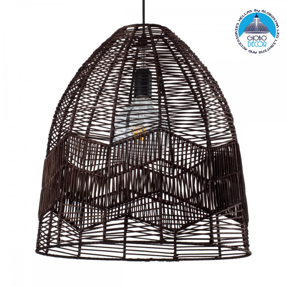 GloboStar® ALOHA 01752 Boho Κρεμαστό Φωτιστικό Καμπάνα Μονόφωτο 1 x E27 IP20 Καφέ Σχοινί - Μ43 x Π43 x Y46cm