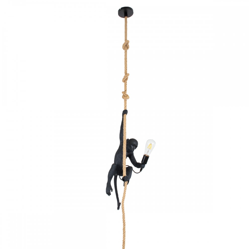 GloboStar® APES 01801 Μοντέρνο Κρεμαστό Φωτιστικό Οροφής Μονόφωτο 1 x E27 Μαύρο με Μπεζ Σχοινί Φιγούρα Μ26 x Π28 x Υ69cm