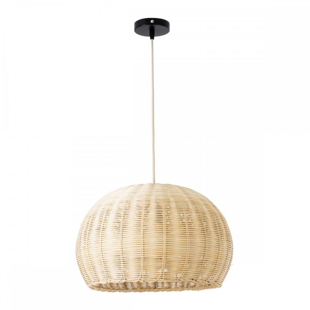 GloboStar® RAITO 01824 Boho Κρεμαστό Φωτιστικό Οροφής Μονόφωτο 1 x E27 AC220-240V IP20 - Φ40 x Υ25cm - Μπεζ Ξύλινο Μπαμπού Πλέγμα Καμπάνα - 5 Χρόνια Εγγύηση