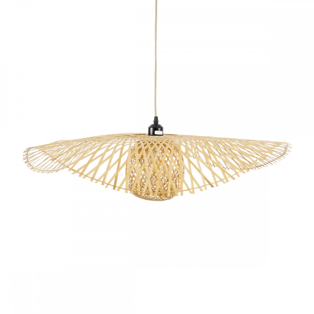 GloboStar® CINNABAR 01837 Boho Κρεμαστό Φωτιστικό Οροφής Μονόφωτο 1 x E27 AC220-240V IP20 - Φ75 x Υ21cm - Μπεζ Ξύλινο Μπαμπού Πλέγμα - 5 Χρόνια Εγγύηση