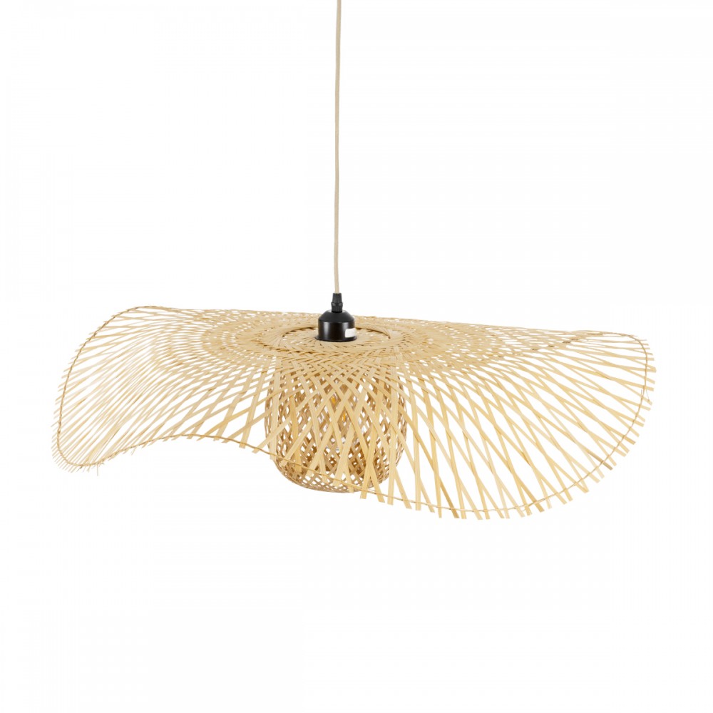 GloboStar® CINNABAR 01837 Boho Κρεμαστό Φωτιστικό Οροφής Μονόφωτο 1 x E27 AC220-240V IP20 - Φ75 x Υ21cm - Μπεζ Ξύλινο Μπαμπού Πλέγμα - 5 Χρόνια Εγγύηση