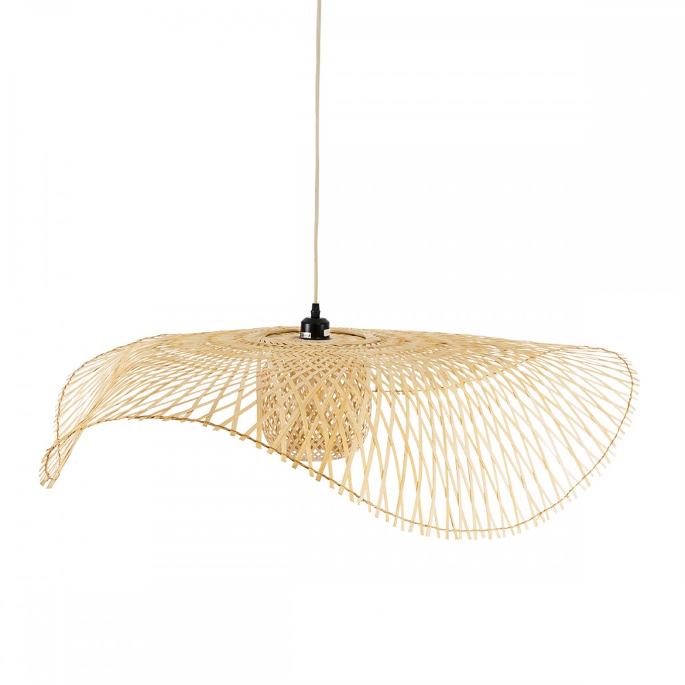 GloboStar® CINNABAR 01838 Boho Κρεμαστό Φωτιστικό Οροφής Μονόφωτο 1 x E27 AC220-240V IP20 - Φ100 x Υ21cm - Μπεζ Ξύλινο Μπαμπού Πλέγμα - 5 Χρόνια Εγγύηση