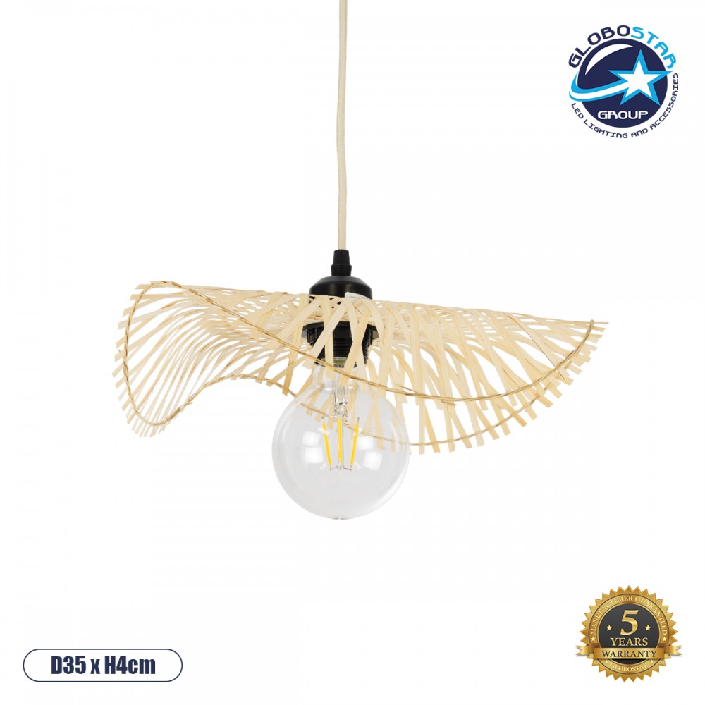 GloboStar® MELEMELE 01839 Boho Κρεμαστό Φωτιστικό Πλέγμα Μονόφωτο 1 x E27 IP20 Μπεζ Ξύλο - Μ35 x Π35 x Υ4cm