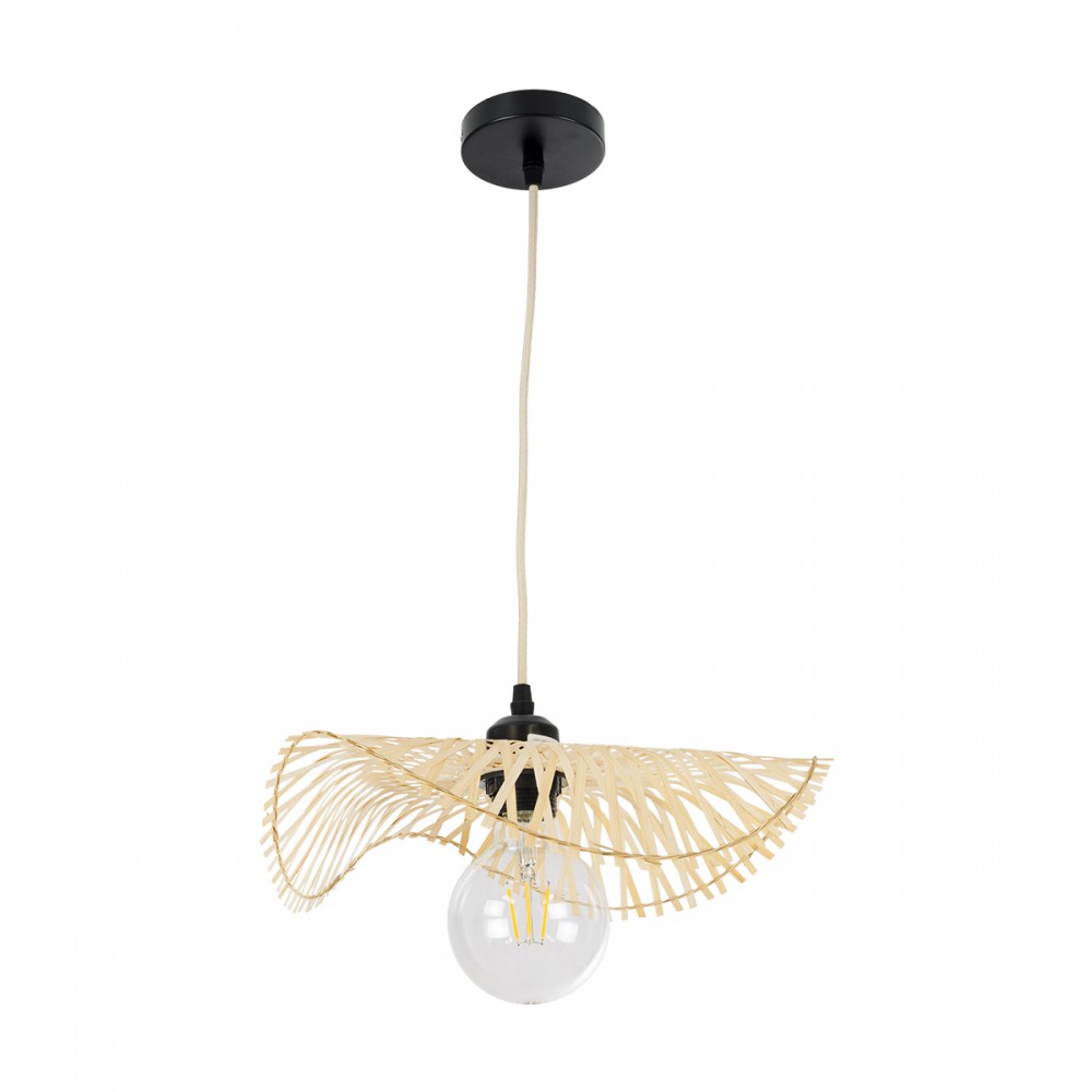 GloboStar® MELEMELE 01839 Boho Κρεμαστό Φωτιστικό Οροφής Μονόφωτο 1 x E27 AC220-240V IP20 - Φ35 x Υ4cm - Μπεζ Ξύλινο Μπαμπού Πλέγμα - 5 Χρόνια Εγγύηση